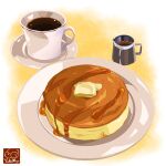  butter coffee coffee_cup cup disposable_cup food food_focus highres maple_syrup no_humans original pancake plate still_life syrup yuki00yo 