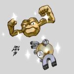  af_(afloatisland) alternate_color biceps black_eyes clenched_hands commentary_request flexing geodude grey_background highres magnemite magnet no_humans pokemon pokemon_(creature) screw shiny_pokemon simple_background sparkle 