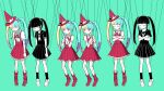  2girls aegyo_sal aqua_hair black_dress black_eyes black_hair black_sailor_collar blonde_hair blue_gemstone boots bow character_doll closed_eyes closed_mouth commentary_request dress dual_persona fake_meme_(vocaloid) full_body gem glasses gloves gradient_hair hair_between_eyes hand_up hat hatsune_miku heart highres kneehighs long_hair looking_at_viewer multicolored_hair multiple_girls neck_ruff pink_eyes pink_hair pinocchio-p pleated_skirt polar_opposites puppet_strings red_bow red_footwear red_hat red_skirt red_suspenders sailor_collar shirt short_sleeves sidelocks skirt socks string suspenders twintails two-tone_hair vocaloid whale_ornament white_gloves white_shirt 