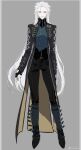  1girl black_gloves blue_coat blue_eyes breasts closed_mouth coat devil_may_cry_(series) devil_may_cry_5 fingerless_gloves genderswap genderswap_(mtf) gloves hair_slicked_back highres long_hair looking_at_viewer male_focus pale_skin small_breasts solo vergil_(devil_may_cry) very_long_hair white_hair 