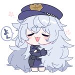  1girl :3 blue_hat blue_skirt blush chibi closed_eyes cropped_legs fang gloves goddess_of_victory:_nikke grey_hair hair_between_eyes hat long_hair mzh open_mouth poli_(nikke) police police_hat police_uniform policewoman simple_background skirt solo uniform very_long_hair white_background 