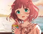  :d amami_haruka bird blunt_bangs blush clouds cloudy_sky collarbone cup dot_nose drinking_straw earrings frilled_shirt_collar frills green_eyes hair_ribbon hanamasa_ono highres holding holding_cup idolmaster idolmaster_(classic) idolmaster_million_live! idolmaster_million_live!_theater_days jewelry looking_at_viewer mountainous_horizon ocean official_alternate_costume official_alternate_hairstyle open_mouth outdoors red_ribbon ribbon seagull short_hair sky smile sunset upper_body 