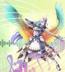  1girl alternate_color angel angel_wings armor armored_dress black_dress blue_hair dress duel_monster full_body gauntlets greaves highres holding holding_sword holding_weapon long_hair mikan_(13alice666) musical_note number_76_harmonizer_gradielle solo standing sword very_long_hair weapon wings yu-gi-oh! 