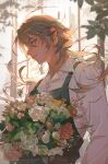  1boy apron artist_name blonde_hair blue_eyes blurry blurry_background bouquet closed_mouth collared_shirt english_text flower green_apron hair_between_eyes hato_(dovecot) highres holding holding_bouquet leaf light_particles long_hair long_sleeves looking_at_viewer male_focus original pink_flower profile red_flower red_rose rose shirt signature solo standing sunlight upper_body watermark white_flower white_rose white_shirt window 