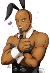  1boy agil animal_ears bald black_leotard black_necktie brown_eyes chinstrap_beard commentary_request crossed_arms dark-skinned_male dark_skin detached_collar ear_piercing fake_animal_ears grin heart highres ken-ji leotard looking_at_viewer male_focus male_playboy_bunny muscular muscular_male necktie one_eye_closed piercing rabbit_ears signature simple_background smile solo sparkle strapless strapless_leotard sword_art_online thumbs_up twitter_username white_background white_wrist_cuffs wing_collar wrist_cuffs 