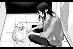  1girl absurdres chihuahua closed_eyes commentary_request dog greyscale highres indoors letterboxed long_hair long_sleeves monochrome original pants parted_lips shisa_co solo squatting sweater tile_floor tiles 