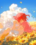  2girls ^_^ absurdres alternate_costume bare_arms blue_sky bocchi_the_rock! closed_eyes clouds day dress falling_petals field floating_hair flower flower_field gotoh_hitori hand_in_another&#039;s_hair head_kiss highres kiss kita_ikuyo long_hair medium_hair multiple_girls open_mouth outdoors petals pink_hair pong_(pong_o0) redhead side_ponytail sky sleeveless sleeveless_dress sundress white_dress yellow_flower yuri 