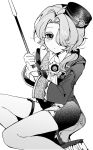  1boy black_bow blush bow broom coat colored_eyelashes gemamamaa gloves greyscale hat highres holding holding_broom honkai:_star_rail honkai_(series) misha_(honkai:_star_rail) monochrome open_mouth ponytail shorts white_background 