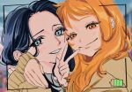  2girls ao_6336 battery_indicator blue_eyes blue_hair blush commentary_request eyelashes highres hug long_hair long_sleeves multiple_girls nami_(one_piece) nico_robin one_piece orange_eyes orange_hair sidelocks smile taking_picture v 