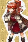  1girl :d anna_(fire_emblem) black_footwear boots brown_cape cape dress feet_out_of_frame fire_emblem fire_emblem_engage gloves grey_gloves hand_up long_hair looking_at_viewer momongame_17 open_mouth pointing pointing_at_self ponytail red_dress red_eyes redhead sidelocks smile solo standing two-tone_dress white_dress 