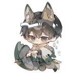  1boy animal_ears black_eyes black_footwear black_hair boots e.g.o_(project_moon) fox_ears fox_tail highres limbus_company project_moon raincoat short_hair simple_background solo tail toramledak umbrella white_background yi_sang_(project_moon) 