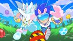  2boys animal_ears artist_request bad_source basket blue_sky clouds cosplay easter_egg egg fake_animal_ears highres male_focus multiple_boys official_art open_mouth outdoors rabbit_ears reaching running shirt silver_the_hedgehog sky smirk sonic_(series) sonic_man sonic_the_hedgehog sonic_the_hedgehog_(2006) sonic_the_hedgehog_(cosplay) white_shirt yellow_eyes 
