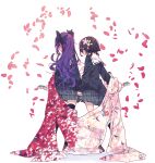  2girls arm_out_of_sleeve averting_eyes black_socks black_sweater black_thighhighs blush cherry_blossoms commentary_request ear_blush falling_petals flower from_behind full_body grey_skirt hair_flower hair_ornament hairclip hamayumiba_sou hanayamata happi highres holding holding_hands holding_instrument instrument interlocked_fingers japanese_clothes kneehighs long_hair looking_at_another low_twintails miniskirt multiple_girls naruko_(instrument) neckerchief open_mouth outline petals pink_flower pink_outline plaid plaid_skirt pleated_skirt purple_hair red_flower red_rose rose sailor_collar sasame_yaya sekiya_naru shadow shared_clothes shared_coat short_twintails sidelocks simple_background skirt socks standing sweater thigh-highs twintails white_background white_neckerchief white_sailor_collar zettai_ryouiki 