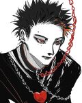  1boy chain chain_leash closed_mouth collar commentary ear_piercing eyebrow_piercing highres leash lip_piercing male_focus nlnh40 original piercing red_eyes short_hair simple_background solo spot_color symbol-only_commentary upper_body very_short_hair white_background 