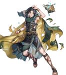  1boy androgynous armlet armpits belt black_hair bracelet cape facial_mark fire_emblem fire_emblem:_radiant_dawn fire_emblem_heroes floating floating_object forehead_mark gladiator_sandals green_cape highres hood hooded_cape jewelry lantern male_focus non-web_source official_art red_eyes sandals senano-yu soren_(fire_emblem) torn_clothes transparent_background two-sided_cape two-sided_fabric yellow_cape 