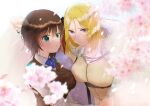  2girls absurdres aoi_erika black_hair blonde_hair blurry blurry_foreground bow bowtie breasts cape cherry_blossoms chest_harness fur_trim green_eyes grey_eyes hair_ornament harness heaven_burns_red highres kabedon large_breasts looking_at_another looking_at_viewer medium_hair minase_ichigo multiple_girls shirt usisigo-kuronomi vest white_shirt yuri 