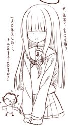  1boy 1girl :o afterimage blue_archive blush character_request check_character choker closed_eyes closed_mouth commentary_request doodle_sensei_(blue_archive) hair_over_eyes halo highres justice_task_force_member_(blue_archive) long_hair long_sleeves neckerchief open_mouth pleated_skirt puffy_long_sleeves puffy_sleeves sailor_collar school_uniform sensei_(blue_archive) serafuku shirt simple_background skirt sleeves_past_wrists smile solo_focus takasuma_hiro translation_request very_long_hair white_background 