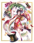  1girl 2024 black_hair chinese_zodiac dice dragon eastern_dragon floral_print_kimono flower flower_on_head food highres japanese_clothes kimono kine mallet mochi mochi_trail open_mouth original red_kimono sandals socks solo spinning_top violet_eyes year_of_the_dragon youta 