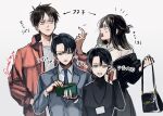  2boys 2girls 2tenset anger_vein bag black_hair blue_eyes blue_necktie calling eren_yeager from_side genderswap genderswap_(mtf) handbag holding holding_bag holding_phone jacket levi_(shingeki_no_kyojin) long_hair multiple_boys multiple_girls necktie phone red_jacket shingeki_no_kyojin short_hair suit turtleneck wallet 