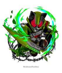  1boy absurdres armor character_name green_armor highres holding holding_weapon kamen_rider kamen_rider_geats_(series) kamen_rider_tycoon male_focus obakelope0530 power_armor simple_background solo weapon white_background 