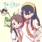  2girls :d arm_around_waist black_hair blush braid brown_hair carmine_(pokemon) collared_shirt colored_inner_hair commentary_request crossed_bangs fukodesu hair_between_eyes hairband hand_on_another&#039;s_head hand_on_own_hip juliana_(pokemon) long_hair looking_at_viewer multicolored_hair multiple_girls naranja_academy_school_uniform necktie orange_necktie pokemon pokemon_(creature) pokemon_sv poltchageist redhead school_uniform second-party_source shirt short_sleeves single_braid smile sprigatito teeth two-tone_hair upper_body v white_shirt yellow_hairband 