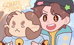  2boys animal_ears beanie bee_and_puppycat bell blue_sweater borrowed_design brown_hair chibi coin english_text furry furry_male gomi_(gomiidd) hat highres holding holding_coin horns jingle_bell jschlatt minecraft_youtube multiple_boys parody rammie schlattcoin sheep_boy sheep_ears sheep_horns short_hair smile smplive sparkling_eyes sweater wilbur_soot 