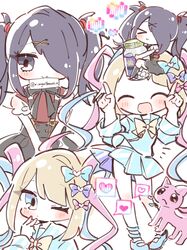  2girls :d ame-chan_(needy_girl_overdose) black_eyes black_hair black_ribbon blonde_hair blue_bow blue_hair blue_serafuku bottle bow cat chibi chouzetsusaikawa_tenshi-chan closed_eyes closed_mouth collared_shirt dancing emoji hair_bow hair_ornament hair_over_one_eye heart highres holding holding_bottle index_fingers_raised internet_yamero long_hair long_sleeves looking_at_viewer multicolored_hair multiple_girls multiple_hair_bows multiple_views neck_ribbon needy_girl_overdose one_eye_closed open_mouth pien_cat_(needy_girl_overdose) pill_bottle pink_bow pink_hair pleading_face_emoji pleated_skirt pointing pointing_up purple_bow quad_tails red_shirt ribbon sailor_collar saiun_san school_uniform serafuku shirt skirt smile spoken_heart suspender_skirt suspenders twintails x_hair_ornament 