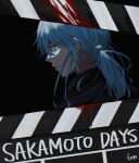  1girl akao_akira back_turned black_background blood blood_drip blue_hair clapperboard copyright_name highres looking_at_viewer ponytail rokuen_skd sakamoto_days solo turning_around yellow_eyes 