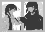  2girls absurdres blunt_bangs closed_mouth commentary_request cotton_candy cowboy_shot dual_persona expressionless greyscale highres hiyoko_setto hood hood_down hoodie inabakumori long_hair looking_back looking_to_the_side medium_bangs monochrome multiple_girls osage_(nukunuku_nigirimeshi) sidelocks sleeves_past_wrists vocaloid watashi_wa_ame_(vocaloid) 