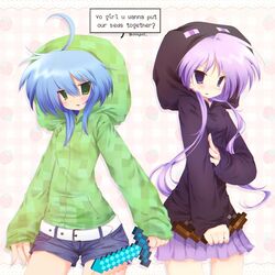  2000s_(style) 2girls belt blue_hair blush bow_(weapon) commentary cosplay creeparka creeper creeper_(cosplay) crossover denim denim_shorts enderman enderman_(cosplay) english_commentary english_text green_eyes highres hiiragi_kagami holding holding_bow_(weapon) holding_sword holding_weapon hood hood_up hoodie izumi_konata jelly_(bonnybel) long_hair long_sleeves lucky_star minecraft minecraft_sword miniskirt multiple_girls purple_hair purple_skirt shorts skirt sleeves_past_wrists speech_bubble sword two_side_up very_long_hair violet_eyes weapon white_belt 