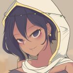  1girl armpit_crease black_hair blue_eyes brawlhalla breasts closed_mouth covered_collarbone cringywoomy dark-skinned_female dark_skin earrings egyptian_clothes eyeshadow_under_eye gold_earrings hair_between_eyes highres hood hood_up jewelry looking_at_viewer medium_breasts mirage_(brawlhalla) shawl simple_background smile solo wavy_hair white_shawl yellow_background 