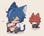  2boys :3 ^^^ animal_costume animal_ear_fluff animal_ears antenna_hair black_coat black_footwear black_gloves black_necktie black_pants black_shirt blue_hair blush cat_boy cat_ears cat_tail chibi closed_eyes closed_mouth coat collared_shirt commentary_request diluc_(genshin_impact) eyepatch fingerless_gloves genshin_impact gloves grey_background hair_between_eyes hair_intakes hair_over_shoulder hug jealous kaeya_(genshin_impact) koma_(km_mmmk) lapels long_hair long_sleeves low_ponytail male_focus mini_person miniboy multicolored_hair multiple_boys necktie one_eye_covered open_clothes open_coat owl_costume pants parted_bangs ponytail red_eyes redhead shirt sidelocks simple_background sitting sleeves_rolled_up smile streaked_hair swept_bangs tail u_u v-shaped_eyebrows white_shirt 