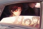  5boys back_hair black_sweater braid brown_hair car_interior chinese_commentary closed_eyes closed_mouth commentary_request earrings grey_jacket grin harada_minoru hatsutori_hajime highres jacket jewelry long_hair male_focus multiple_boys open_clothes open_jacket parted_bangs pink_hair purple_hair red_eyes saibou_shinkyoku scar scar_on_face scar_on_forehead short_hair side_braid siyuyuan82128 smile sweater theodore_riddle turtleneck turtleneck_sweater utsugi_noriyuki yellow_eyes 