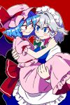  2girls bat_wings blue_eyes blue_hair bollzzalguy carrying closed_mouth grey_hair hat hat_ribbon highres izayoi_sakuya looking_at_another maid maid_headdress mob_cap multiple_girls pink_hat pink_shirt pink_skirt red_background red_eyes red_ribbon remilia_scarlet ribbon shirt short_hair short_sleeves simple_background skirt smile touhou wings 