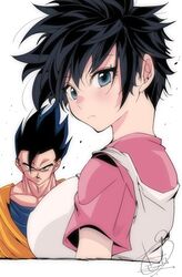  1boy 1girl black_hair blue_eyes breasts closed_mouth dragon_ball dragon_ball_z highres kinakomochi_(user_vedc2333) large_breasts looking_at_viewer muscular muscular_male short_hair simple_background son_gohan spiky_hair videl white_background 