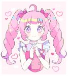  1girl aozora_himari blunt_bangs bow bracelet closed_mouth commentary_request cropped_torso hair_bow hands_up heart himitsu_no_aipri idol_clothes jewelry long_hair looking_at_viewer own_hands_together pink_background pink_bow pink_hair pretty_series purple_bow smile solo twintails upper_body violet_eyes yukiichigo 