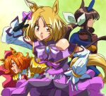  1990s_(style) 3girls :d admire_vega_(umamusume) animal_ears anime_coloring asymmetrical_gloves bare_shoulders black_gloves blonde_hair bow bowtie brown_hair cape crown dress ear_covers ear_ornament gloves hair_ribbon hand_on_own_hip highres horse_ears horse_girl long_hair long_sleeves looking_at_viewer low_ponytail mini_crown mismatched_gloves multiple_girls narita_top_road_(umamusume) off-shoulder_dress off_shoulder orange_hair pink_cape purple_bow purple_bowtie retro_artstyle ribbon short_hair sin_emu single_ear_cover smile t.m._opera_o_(umamusume) umamusume umamusume:_road_to_the_top violet_eyes white_gloves white_ribbon 