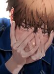  1boy blue_jacket blush brown_eyes brown_hair close-up collared_jacket covering_face embarrassed female_pov fingernails garbage_time gugong_(90_un) hands_on_own_face highres jacket ki_sangho leaning_forward looking_at_viewer male_focus mole mole_under_eye portrait pov short_hair shy simple_background solo track_jacket 