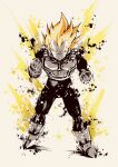  armor aura blonde_hair bodysuit boots dragon_ball dragon_ball_z full_body gloves green_eyes highres ink_wash_painting limited_palette saiyan_armor simple_background spmjg7 super_saiyan super_saiyan_1 vegeta white_background white_footwear white_gloves 