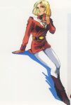  1980s_(style) 1girl belt blonde_hair boots gundam highres ink_(medium) looking_to_the_side marker_(medium) mikimoto_haruhiko military military_uniform mobile_suit_gundam retro_artstyle sayla_mass scan science_fiction sitting sketch traditional_media uniform 