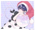  1girl :3 absurdres blue_background blue_eyes blue_hair border closed_mouth doremy_sweet dress grid_background hat heart heart_background highres leaning_on_object looking_at_viewer nightcap one-hour_drawing_challenge one_eye_closed orb pom_pom_(clothes) red_hat short_hair short_sleeves smile solo tail tail_raised tapir_tail touhou twitter_username white_border yoshino_(q_sci) 