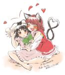 2girls 929mura animal_ear_piercing animal_ears bare_legs barefoot black_hair cat_ears cat_tail chen closed_eyes closed_mouth commentary_request fang heart inaba_tewi long_sleeves multiple_girls multiple_tails nail_polish nekomata open_mouth rabbit_ears red_eyes red_nails redhead short_sleeves simple_background sitting tail two_tails white_background yuri 