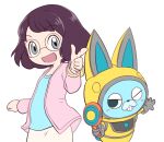  1girl animal_ears blush blush_stickers fake_animal_ears glasses gloves gun helmet holding holding_gun holding_weapon looking_at_viewer misora_inaho nollety one_eye_closed open_mouth rabbit_ears short_hair simple_background spacesuit usapyon watch watch weapon white_background youkai_(youkai_watch) youkai_watch youkai_watch_(object) 