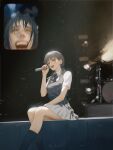  2girls :o absurdres black_dress black_hair black_socks chainsaw_man chinese_commentary commentary_request dress fan_screaming_at_madison_beer_(meme) feet_out_of_frame highres holding holding_microphone inset kneehighs looking_at_viewer meme microphone mitaka_asa multiple_girls music pinafore_dress ringed_eyes scar scar_on_face school_uniform screaming shirt short_sleeves singing sitting sleeveless sleeveless_dress socks twintails white_shirt yao_liao_wang yoru_(chainsaw_man) 