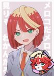  1girl blonde_hair collared_shirt freckles green_eyes jacket looking_at_viewer mela_(pokemon) mizuiro123 multicolored_hair naranja_academy_school_uniform necktie open_mouth partially_unzipped pokemon pokemon_sv redhead school_uniform shirt short_hair two-tone_hair upper_body zipper_pull_tab 