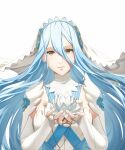  1girl azura_(fire_emblem) bikini_boody blue_hair breasts closed_mouth dress elbow_gloves fingerless_gloves fire_emblem fire_emblem_fates gloves hair_between_eyes hairband highres jewelry long_hair looking_at_viewer simple_background smile solo upper_body veil very_long_hair white_background white_dress yellow_eyes 