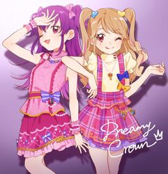  2girls :p aikatsu! aikatsu!_(series) arm_at_side arm_on_another&#039;s_shoulder bare_arms booota bow cowboy_shot dot_nose drop_shadow english_text frilled_skirt frills hair_bow hair_ornament hand_up heart heart_hair_ornament idol jewelry legs_together light_brown_hair long_hair medium_skirt minowa_hikari multicolored_hair multiple_girls natsuki_mikuru necklace one_eye_closed pearl_necklace pink_bow pink_shirt pink_skirt plaid_clothes plaid_skirt puffy_short_sleeves puffy_sleeves purple_background purple_bow purple_hair red_eyes shirt short_sleeves sidelocks skirt sleeveless sleeveless_shirt smile standing star_(symbol) star_hair_ornament straight_hair streaked_hair suspender_skirt suspenders tongue tongue_out twintails wrist_cuffs yellow_bow yellow_shirt 