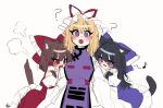  3girls ? absurdres alternate_color animal_ears black_hair blonde_hair blush bow brown_hair cat_ears cat_tail commentary_request detached_sleeves dress dual_persona frilled_bow frilled_hair_tubes frills hair_bow hair_tubes hakurei_reimu hat hat_ribbon highres hug korean_commentary long_hair long_sleeves mob_cap multiple_girls musical_note open_mouth purple_bow purple_skirt purple_tabard red_bow red_eyes red_ribbon ribbon ribbon-trimmed_sleeves ribbon_trim skirt tabard tail tohou89 touhou violet_eyes yakumo_yukari yuri 