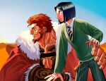  2boys armor beard black_hair bob_cut cape desert dress_shirt facial_hair fate/zero fate_(series) from_side fur-trimmed_cape fur_trim green_eyes green_sweater hand_on_another&#039;s_back highres iskandar_(fate) looking_to_the_side male_focus mature_male multiple_boys muscular muscular_male necktie numano_soko pants pectoral_cleavage pectorals red_cape red_eyes redhead shirt short_hair smile striped_clothes striped_necktie striped_pants sweater waver_velvet white_shirt 