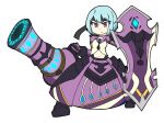  1girl alternate_costume beruka_(fire_emblem) black_hairband blue_hair demensionalrobo fire_emblem fire_emblem_engage fire_emblem_fates full_body hairband highres holding holding_cannon holding_shield light_blue_hair looking_at_viewer shield violet_eyes white_background 